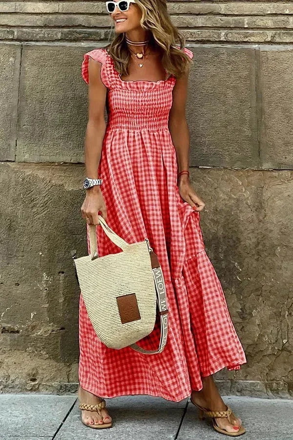 Women's checked Maxi dress with flutter sleeves and square neckline