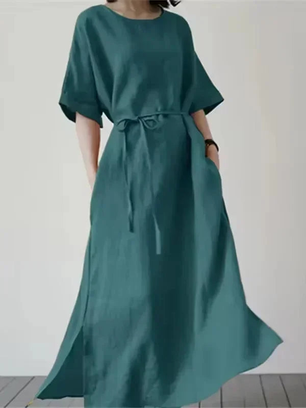Women's Maxi dress round neck with adjustable belt