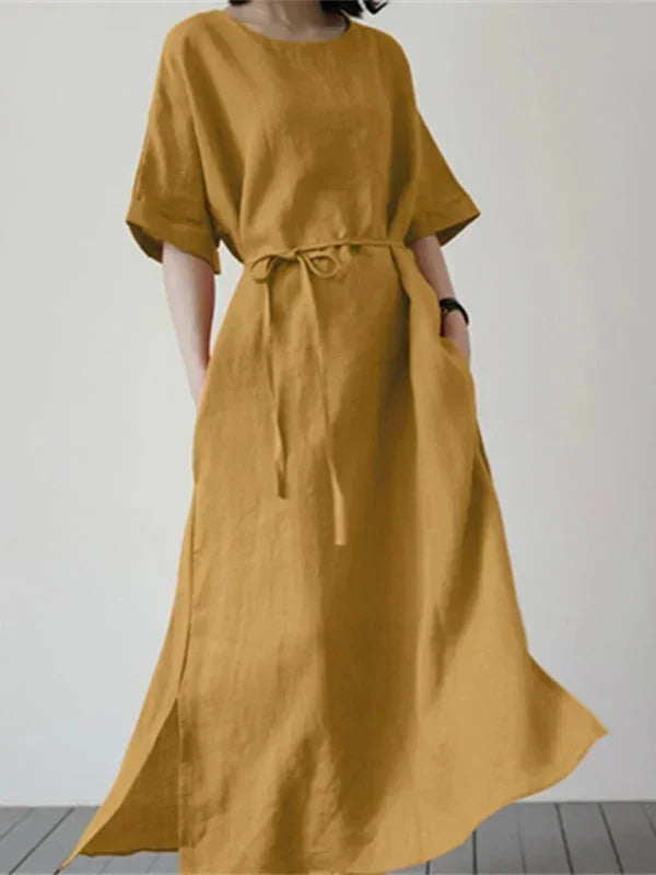 Women's Maxi dress round neck with adjustable belt