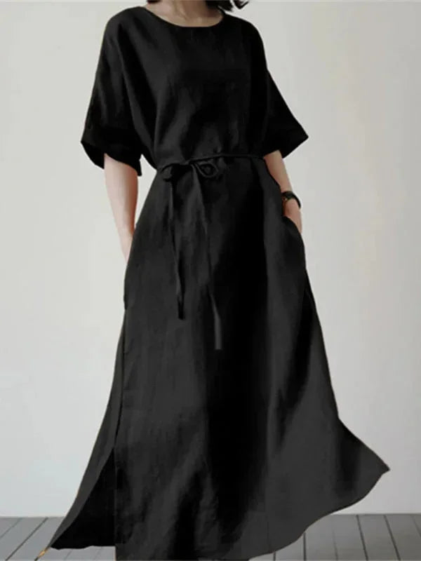 Women's Maxi dress round neck with adjustable belt