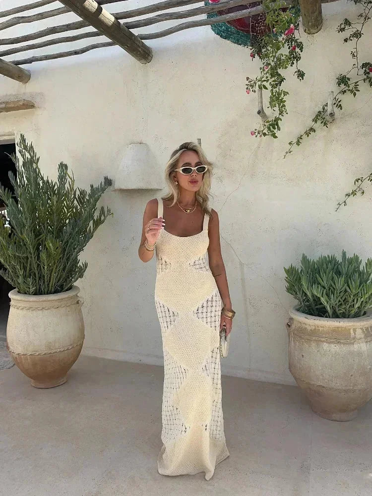 Women's cream sleeveless Maxi dress with openwork pattern