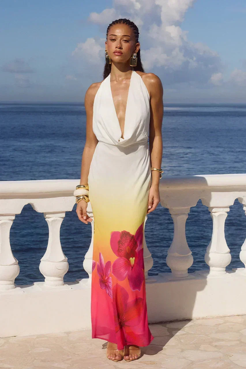Maxi dress woman gradient flowers open back