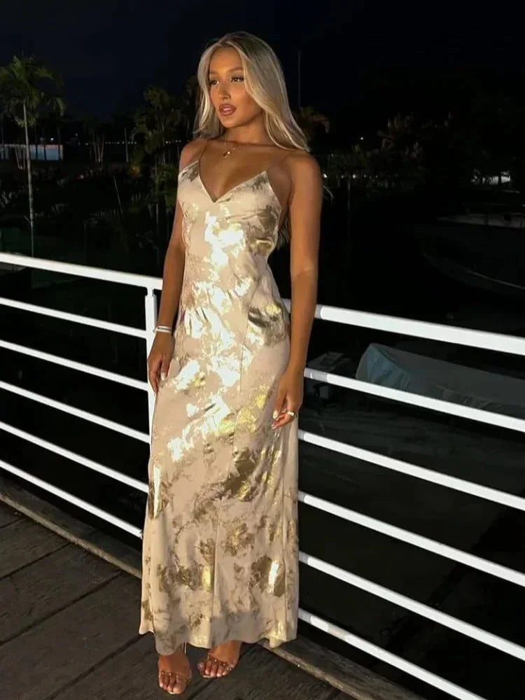 Maxi dress woman gold thin straps