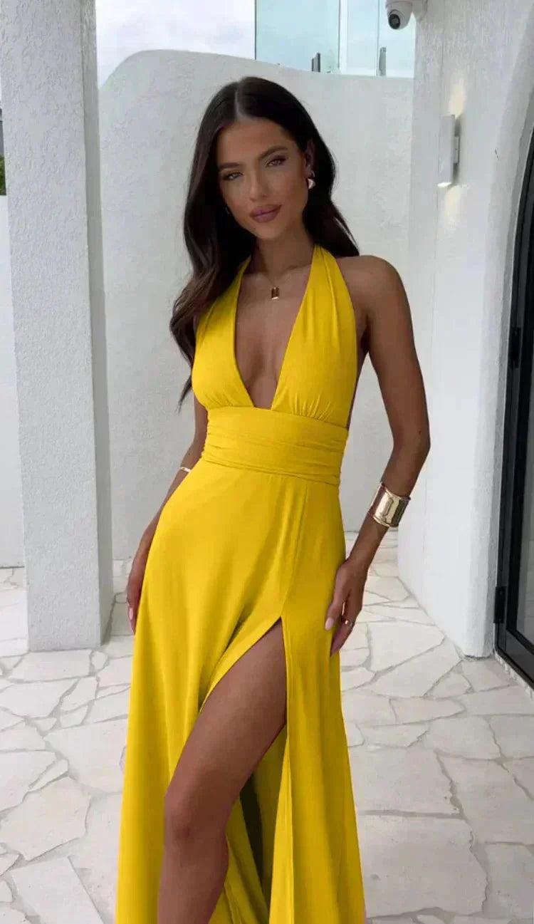 Women's Maxi dress plunging neckline and elegant slit