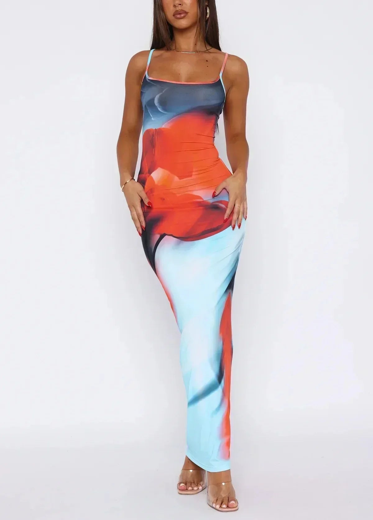 Women's Maxi dress with artistic print and straps