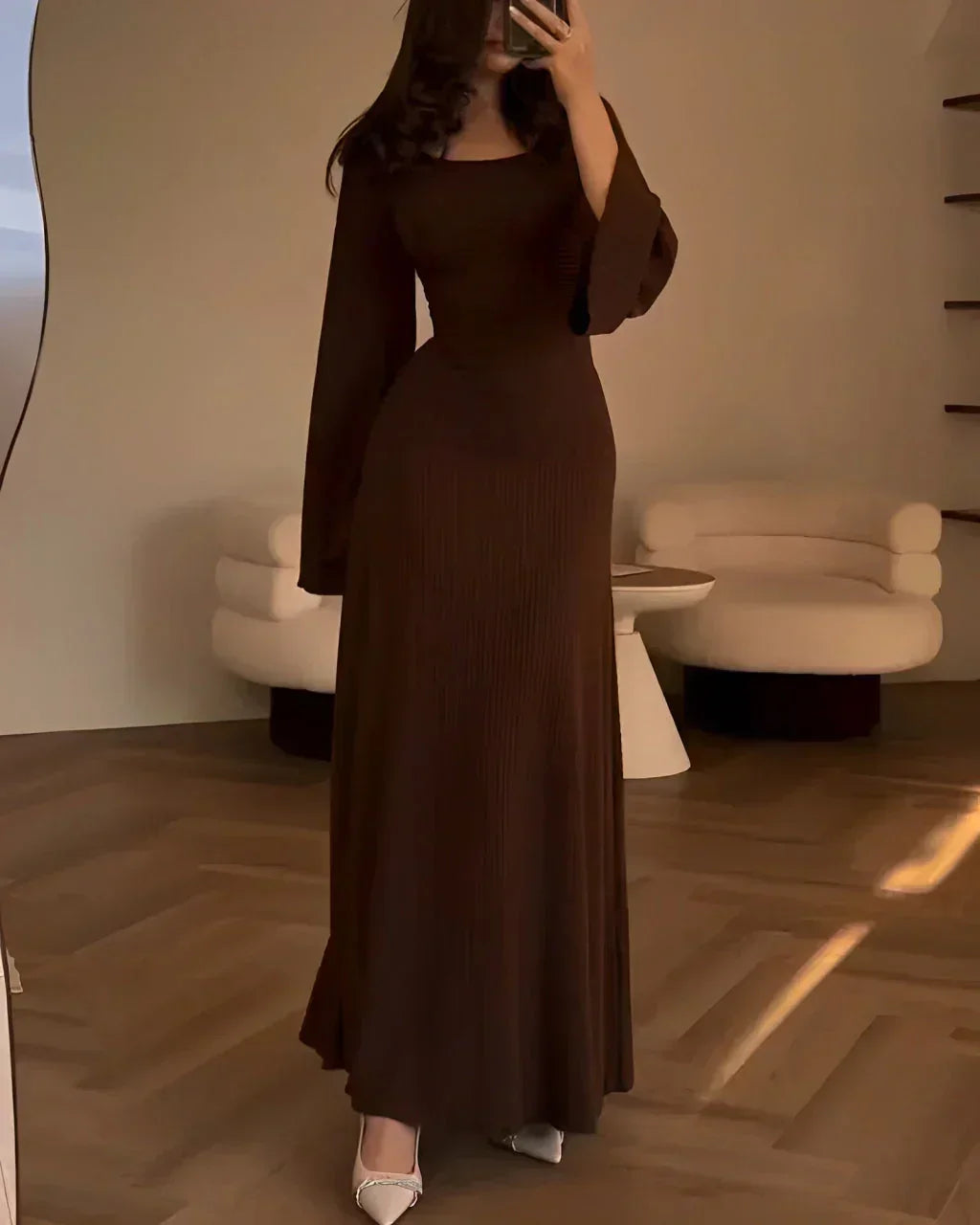 Maxi dress woman lilac square neckline long sleeves