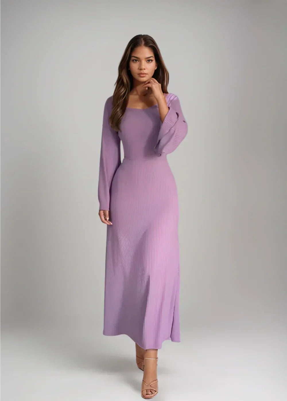 Maxi dress woman lilac square neckline long sleeves