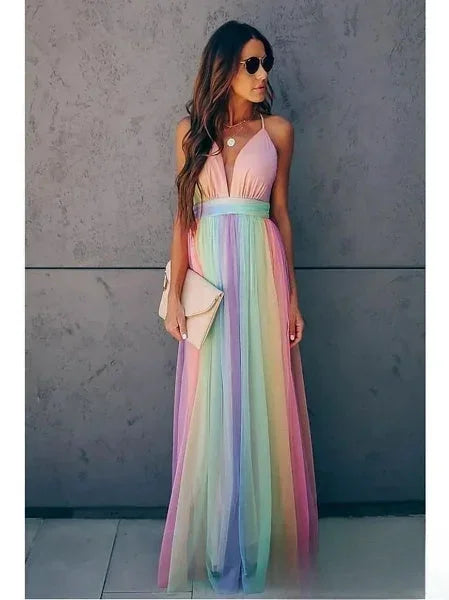 Multicolored backless Maxi dress for women, sleeveless