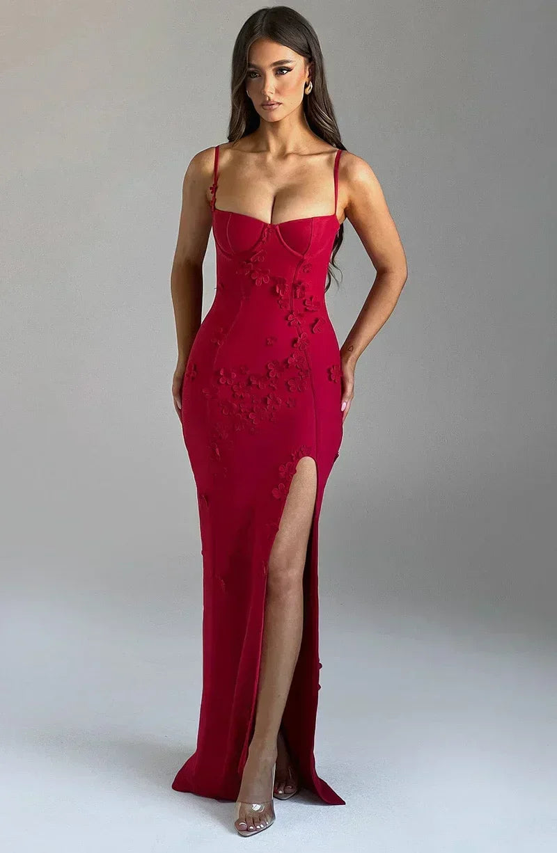 Maxi dress woman red with slit and embroidery