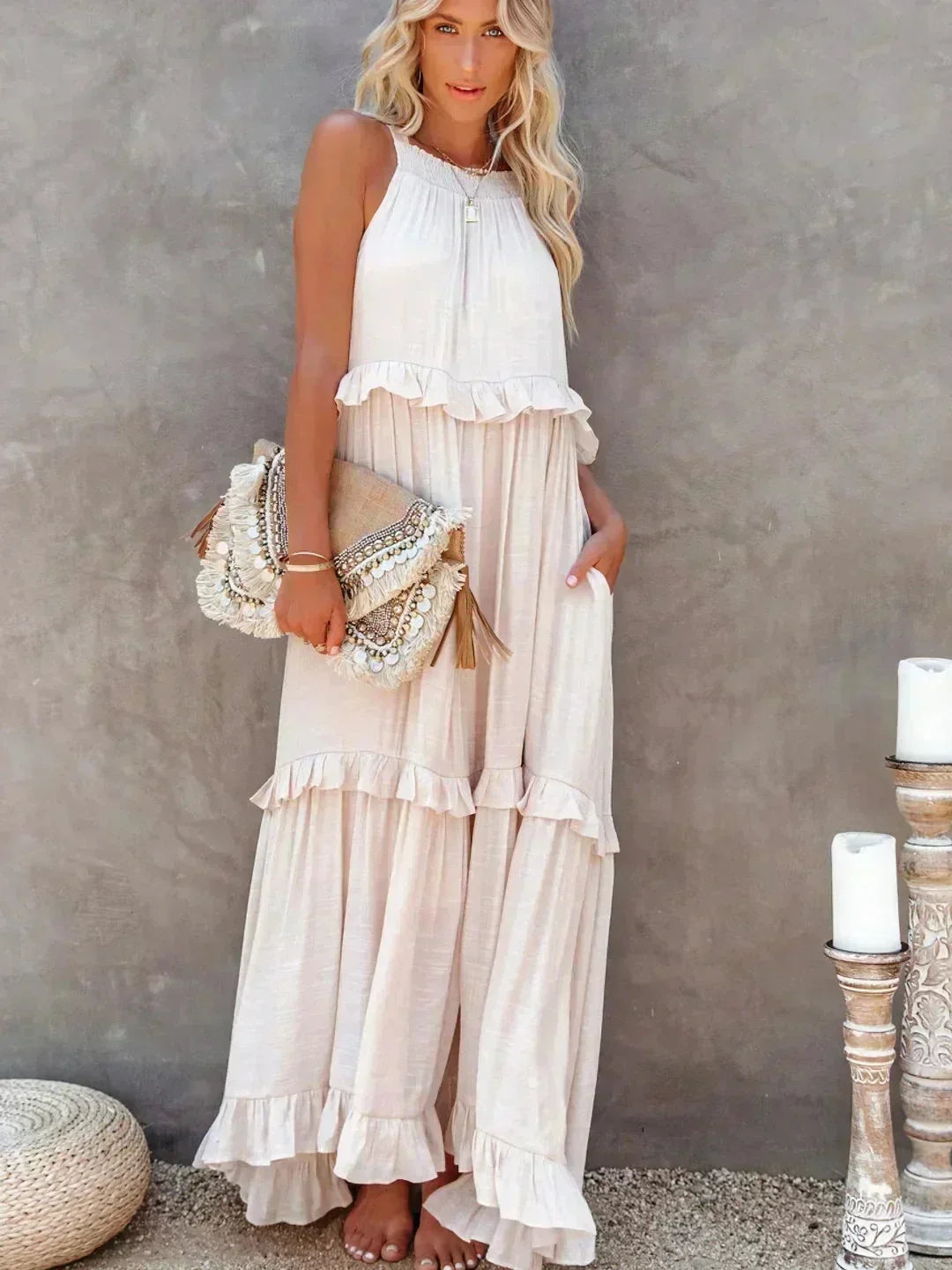 Sleeveless women's Maxi dress with layered ruffles