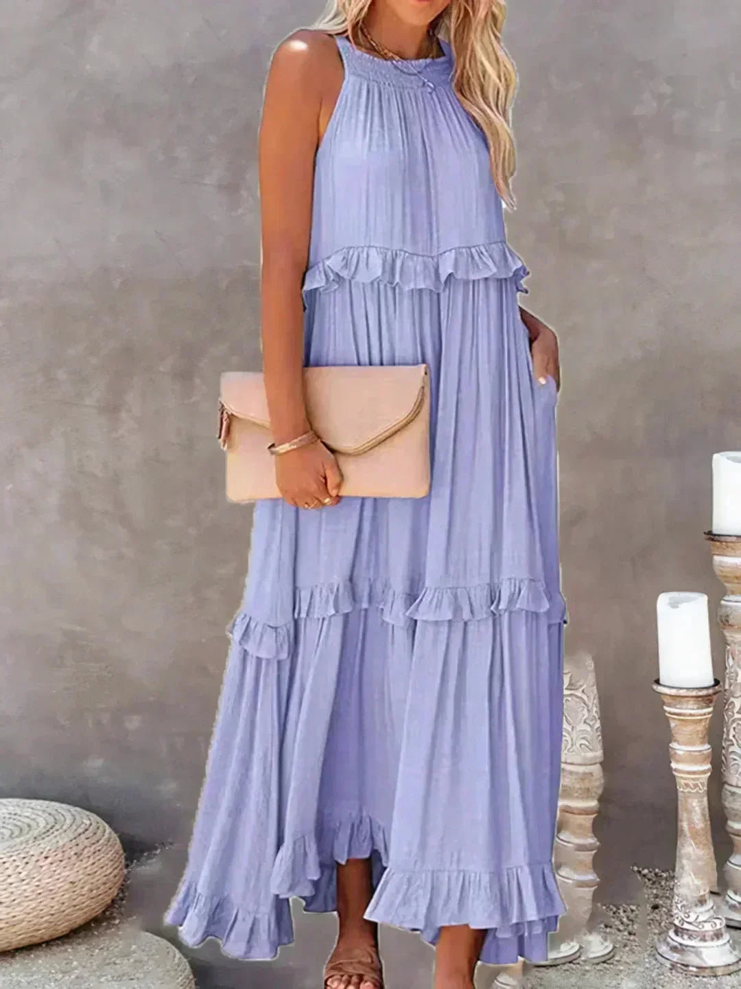 Sleeveless women's Maxi dress with layered ruffles