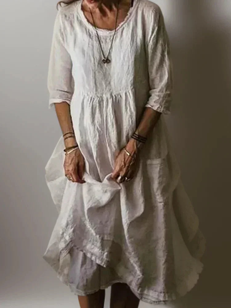 Women's Maxi dress with ruffles, V-neck and 3/4 sleeves