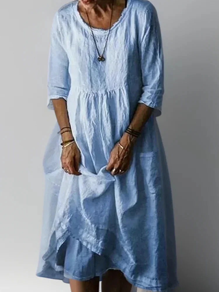 Women's Maxi dress with ruffles, V-neck and 3/4 sleeves
