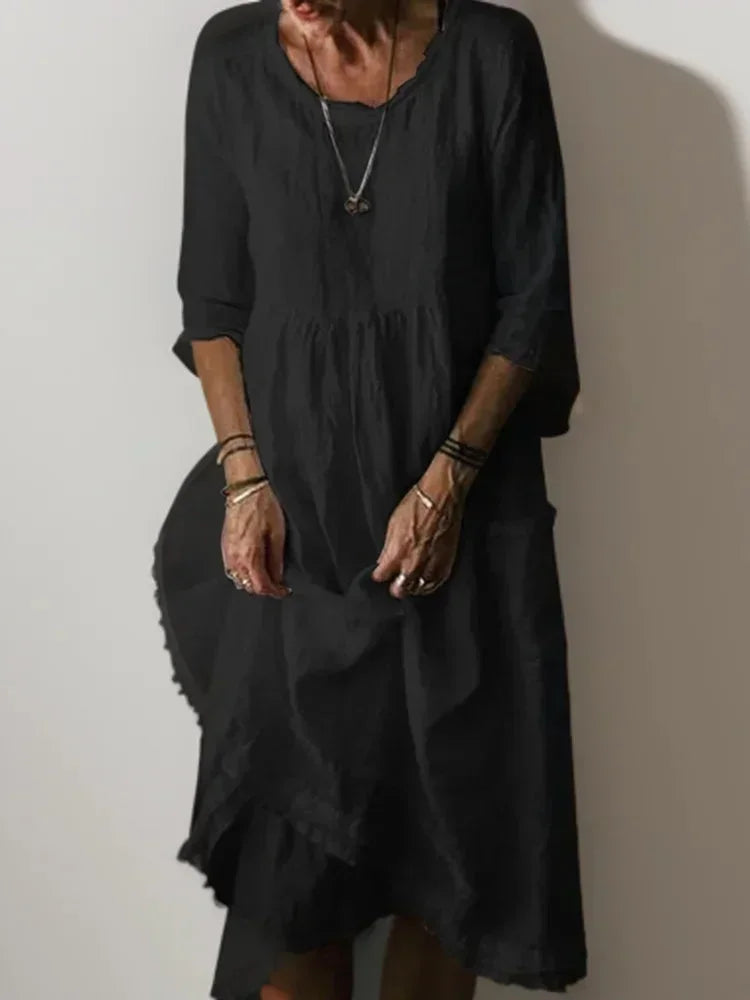 Women's Maxi dress with ruffles, V-neck and 3/4 sleeves