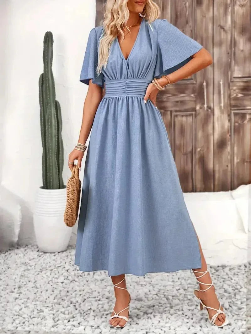 Women's Maxi dress with ruffles, V-neck and adjustable belt