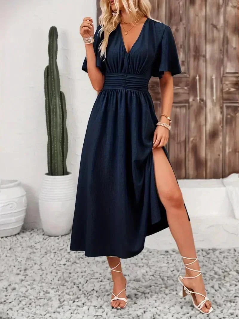 Women's Maxi dress with ruffles, V-neck and adjustable belt
