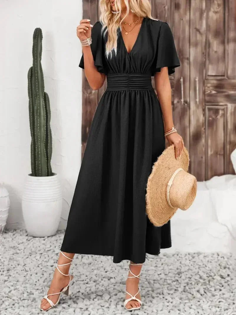 Women's Maxi dress with ruffles, V-neck and adjustable belt