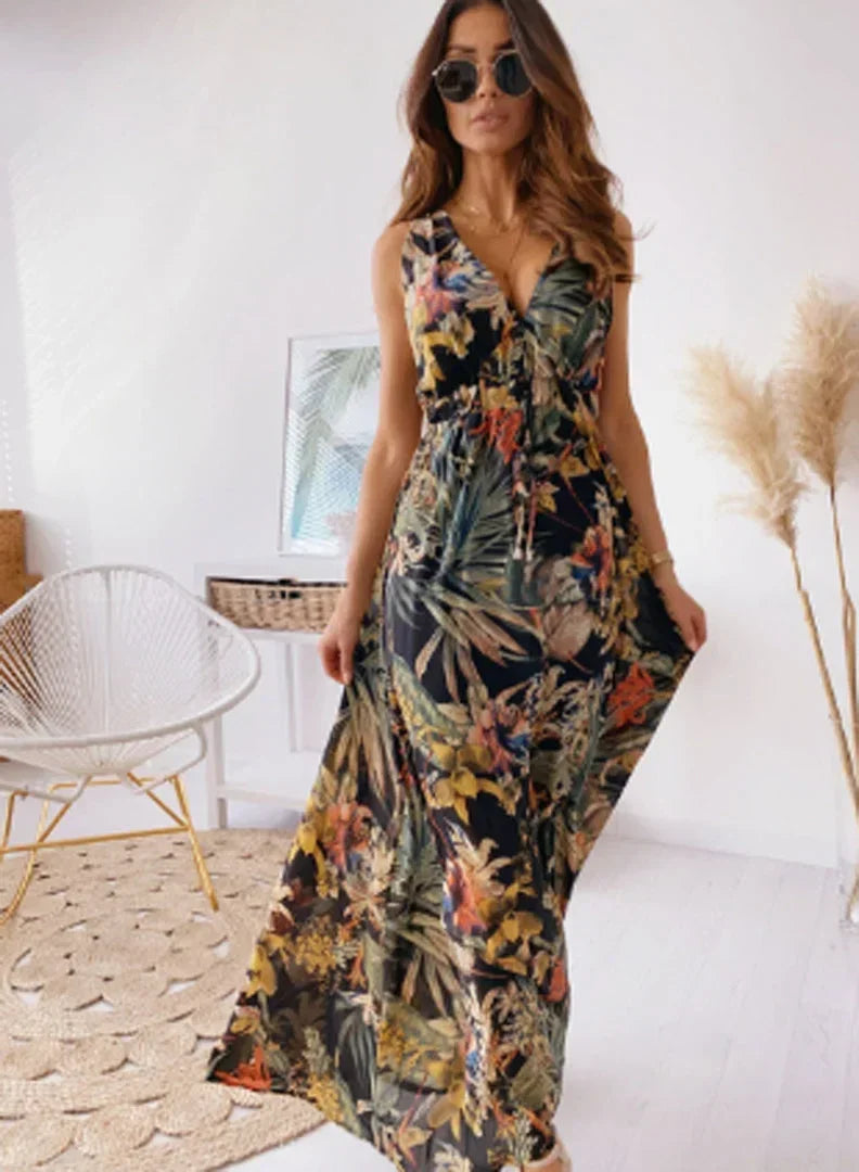 Sleeveless women's Maxi dress with tropical print