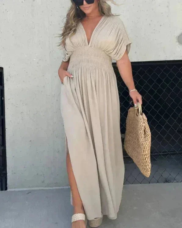 Women's flowy Maxi dress V-neck short sleeves