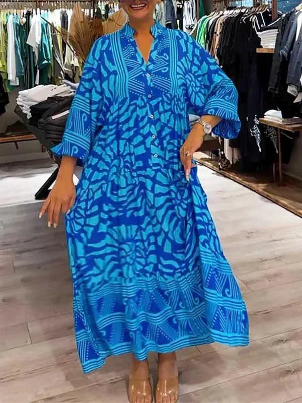 Flowy printed women's Maxi dress with long sleeves and V-neck
