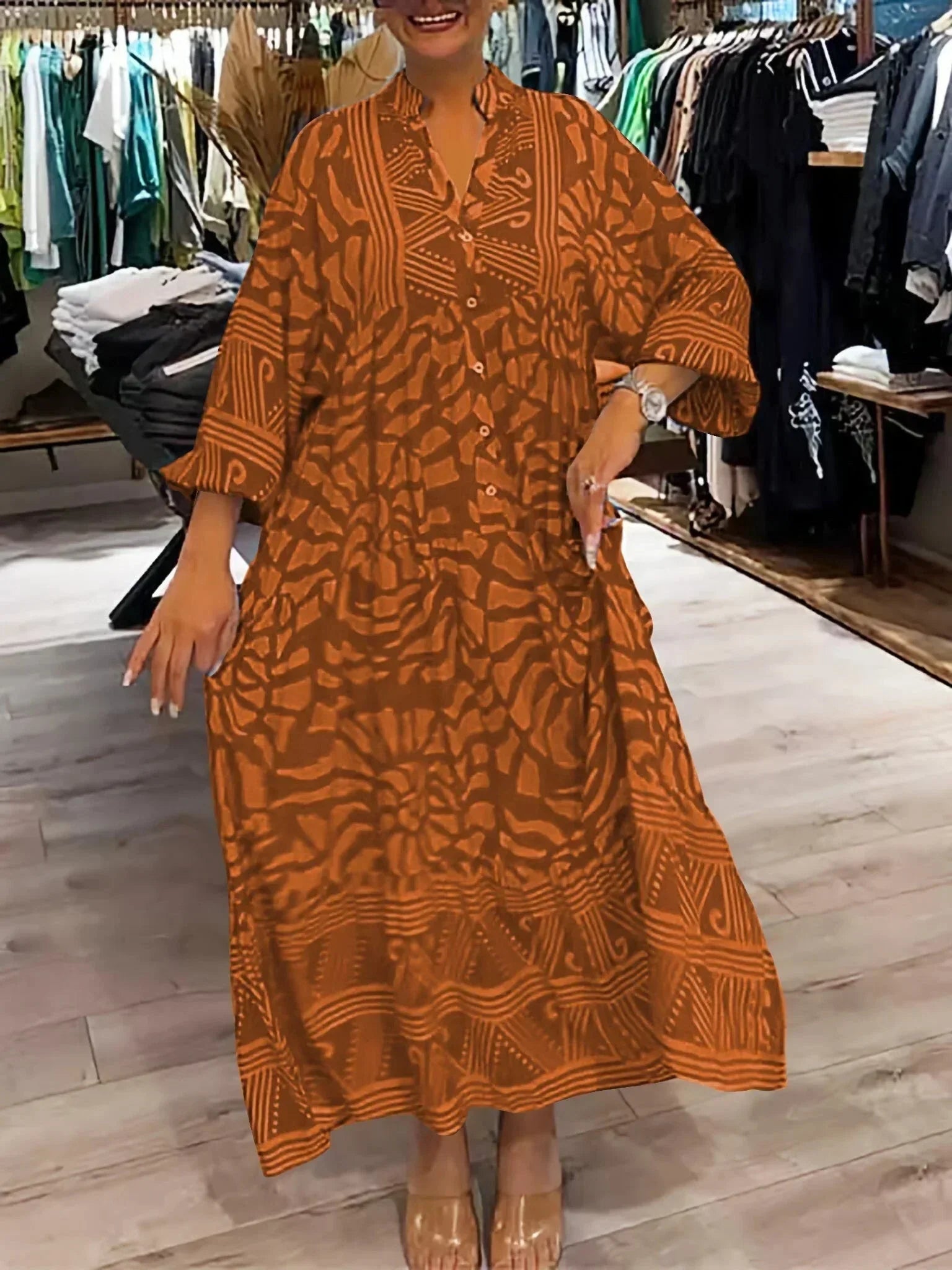 Flowy printed women's Maxi dress with long sleeves and V-neck