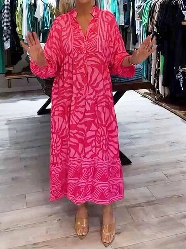 Flowy printed women's Maxi dress with long sleeves and V-neck