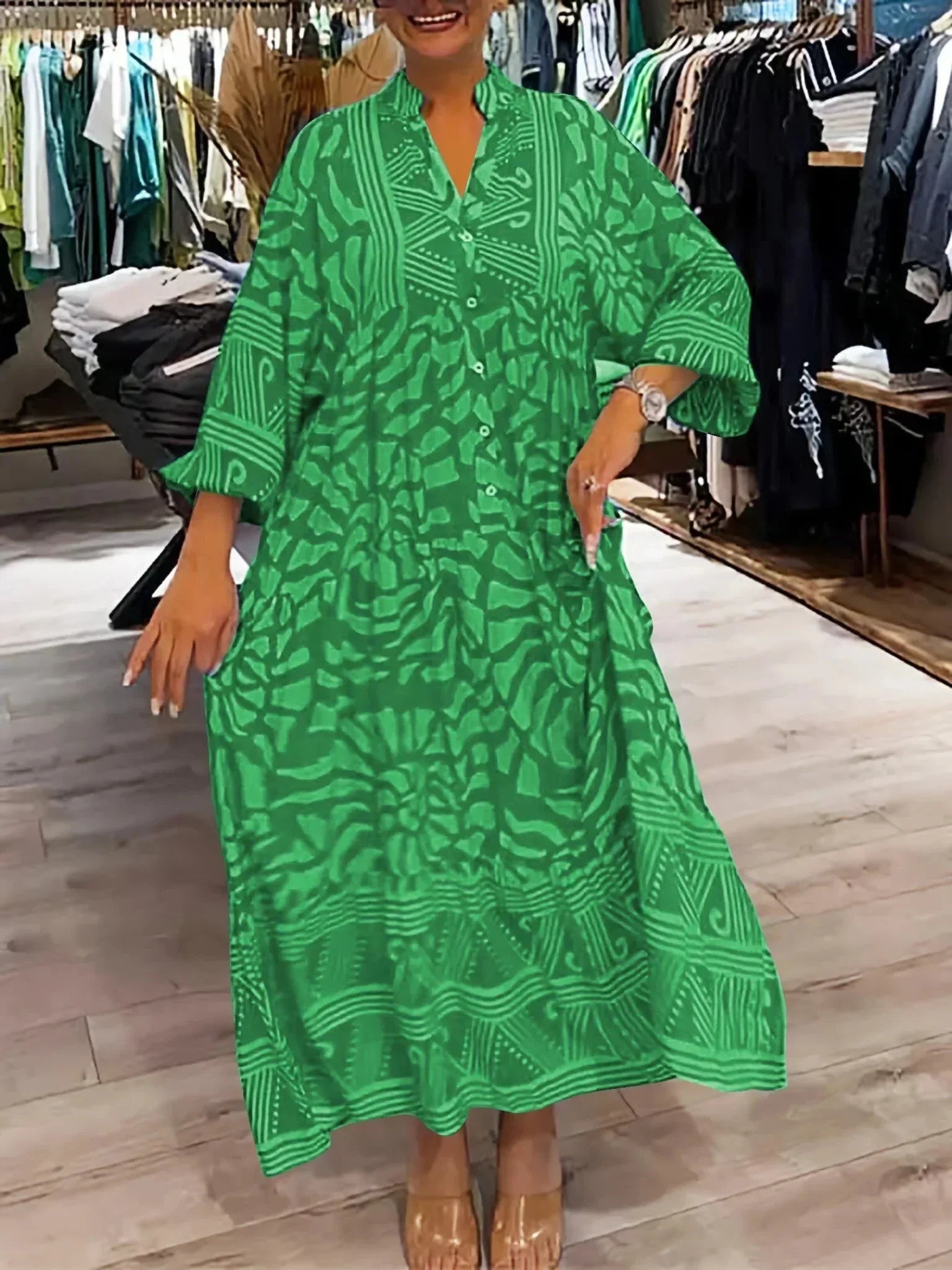 Flowy printed women's Maxi dress with long sleeves and V-neck