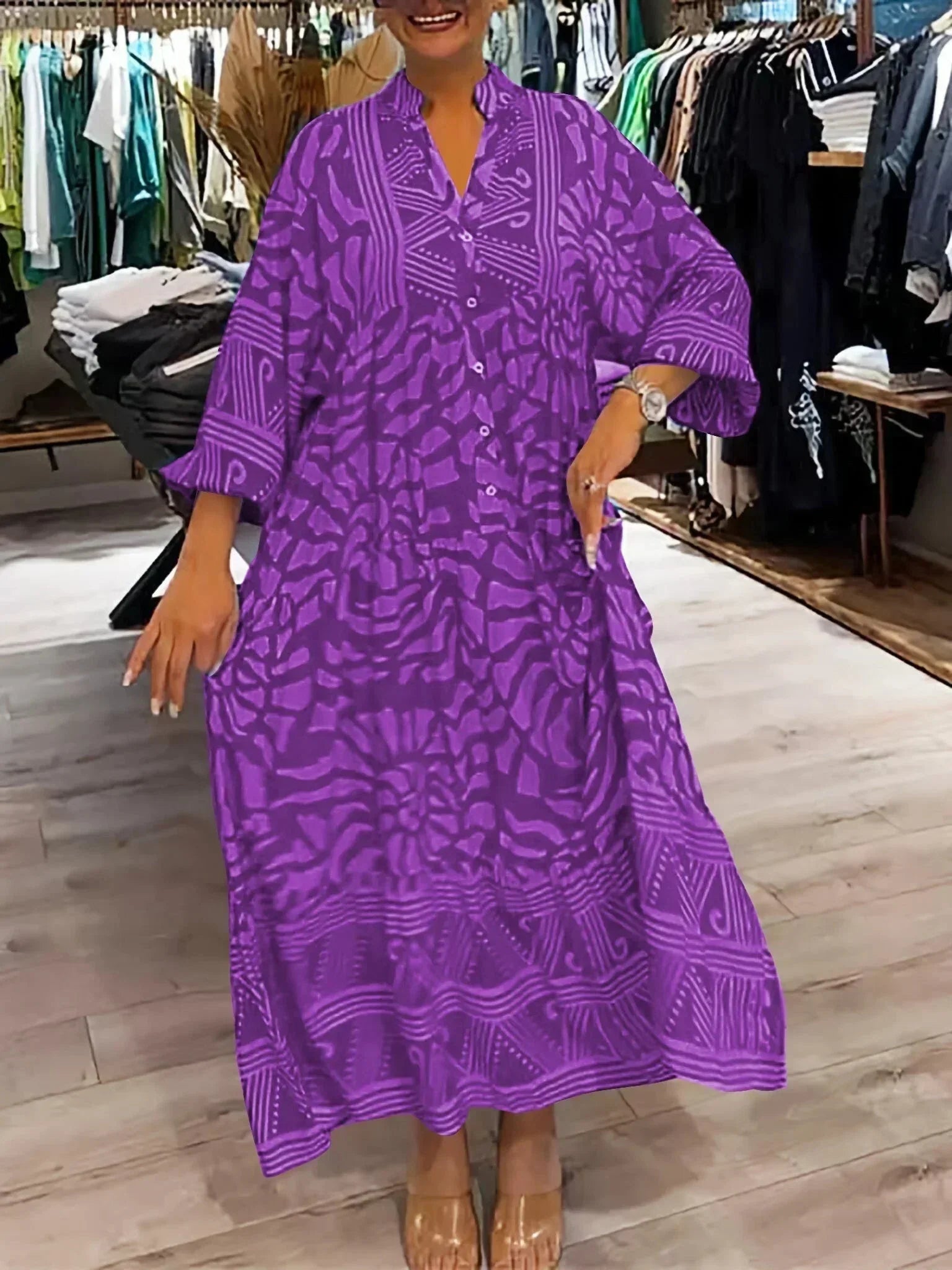 Flowy printed women's Maxi dress with long sleeves and V-neck