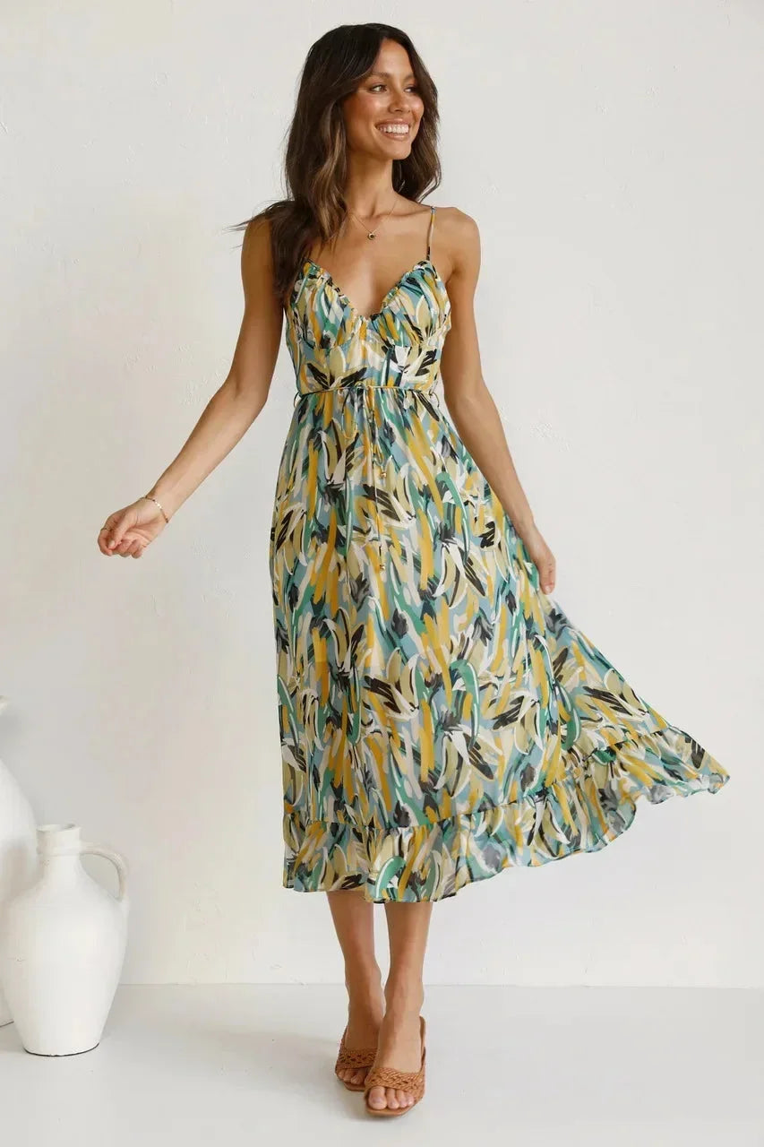 Women's Maxi dress with abstract print and thin straps