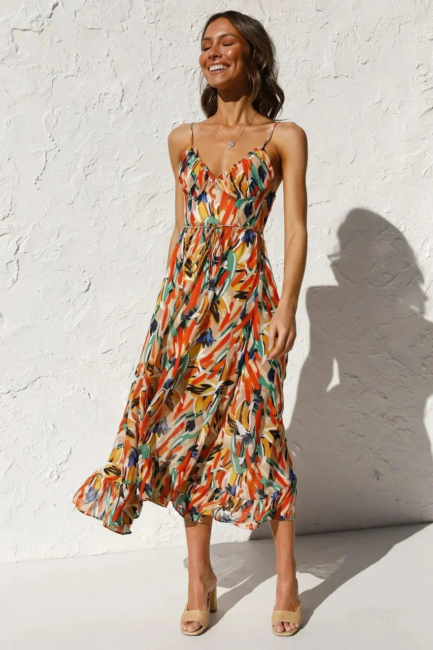 Women's Maxi dress with abstract print and thin straps