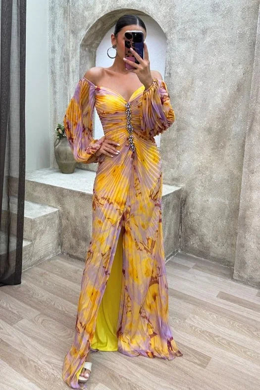 Multicolored pleated women's Maxi dress with V-neckline