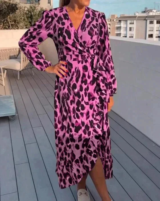 Women's leopard wrap Maxi dress, V-neck, long sleeves