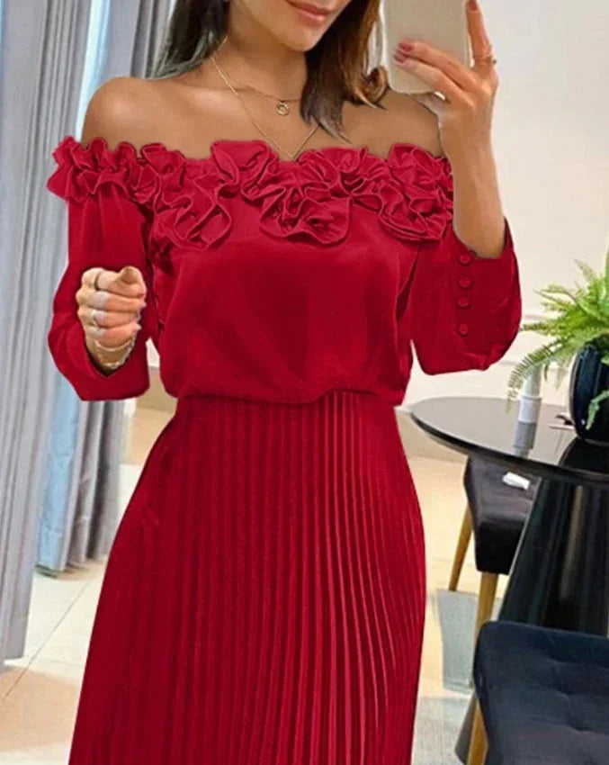 Red off-the-Shoulders Maxi dress with ruffles and pleated skirt