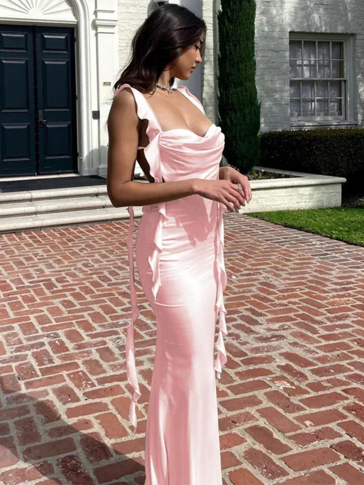 Women's Maxi dress with cowl neck, open back and ties