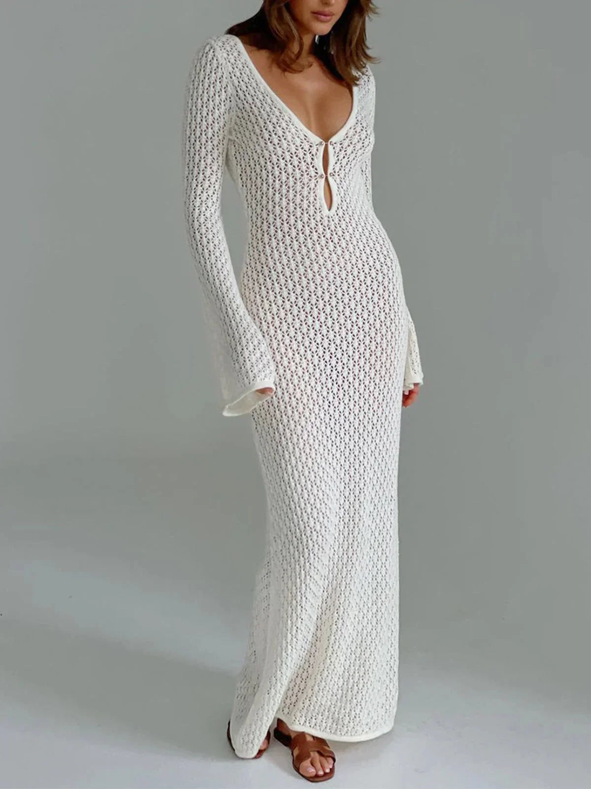 Women's crochet Maxi dress with long openwork sleeves