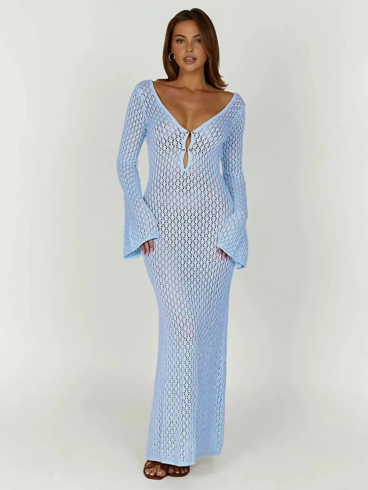 Women's crochet Maxi dress with long openwork sleeves