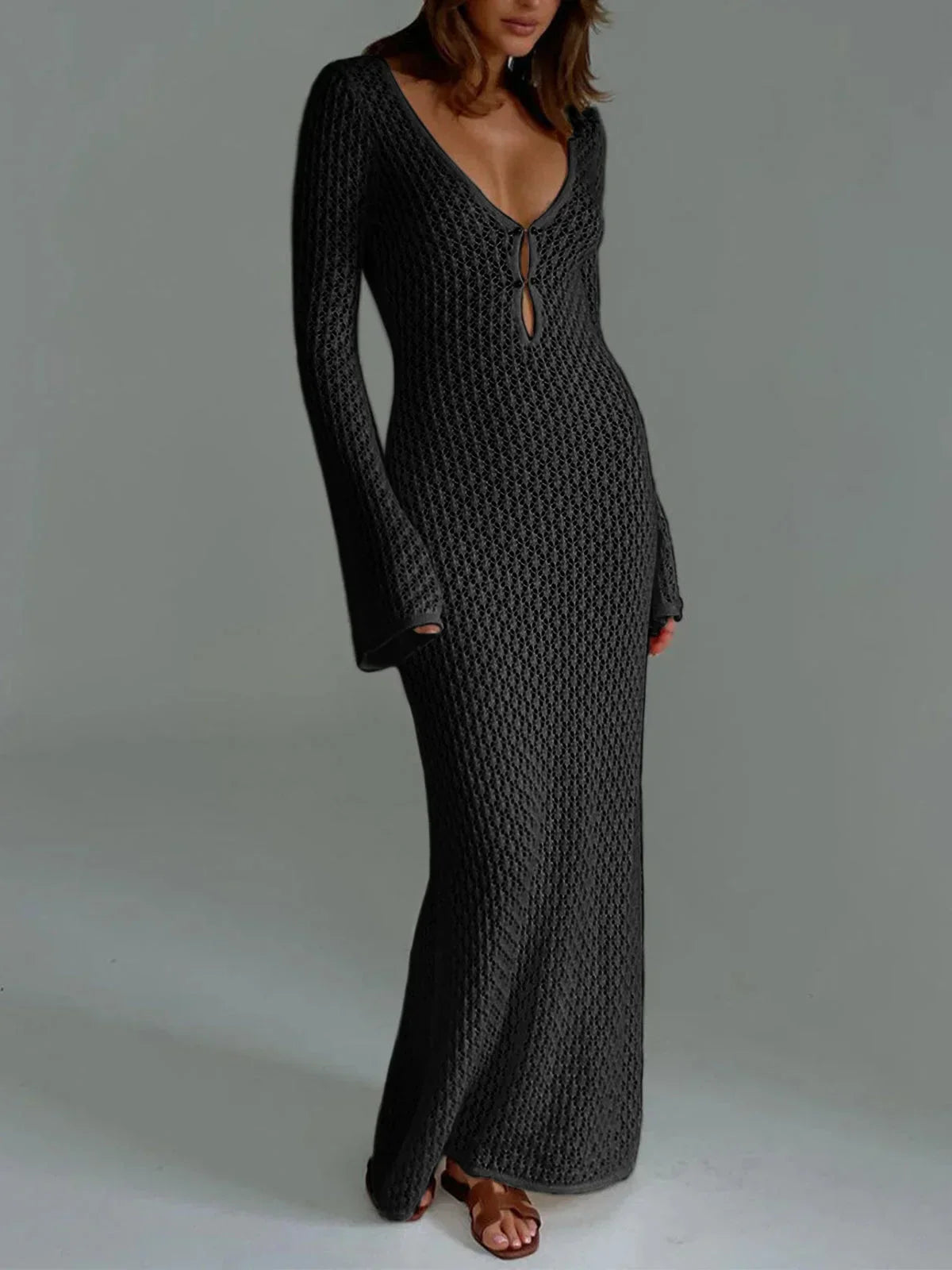 Women's crochet Maxi dress with long openwork sleeves