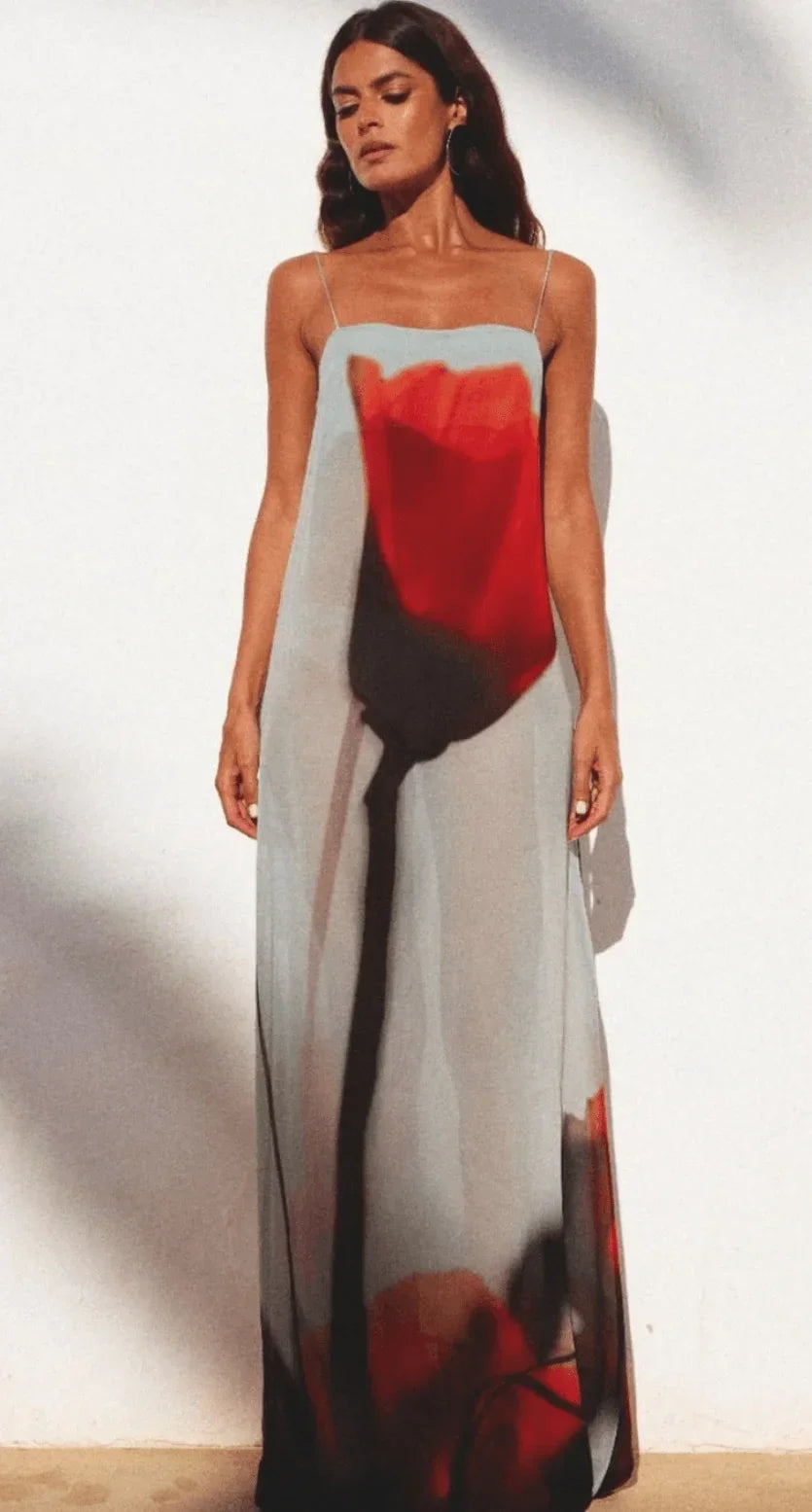 Red and gray printed women's Maxi dress with thin straps