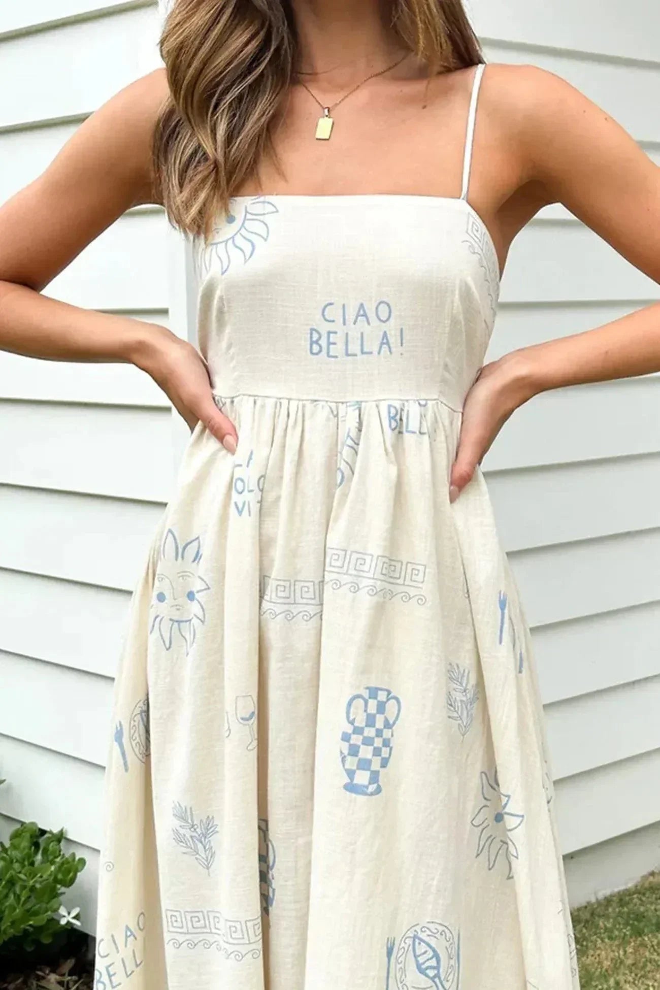 White printed Maxi dress with thin straps summer