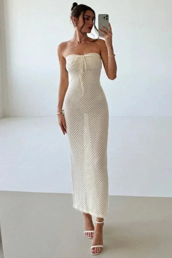 Women's cream crochet strapless fitted Maxi dress