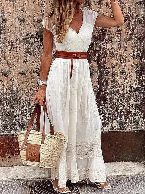 Women's Maxi dress with openwork lace and belt