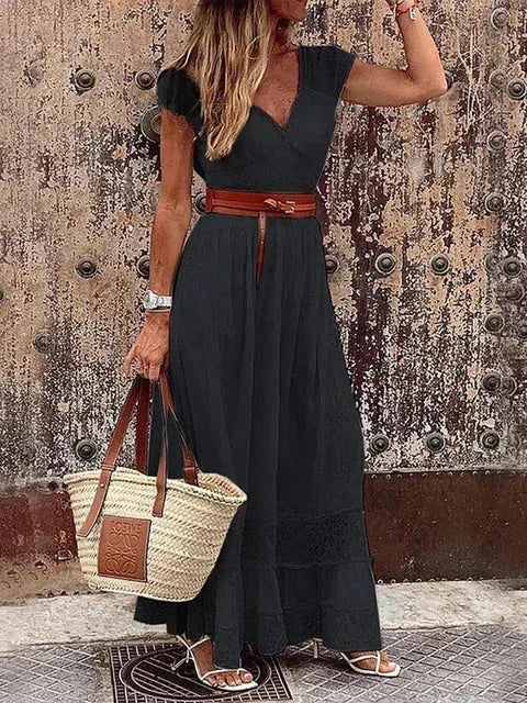 Women's Maxi dress with openwork lace and belt