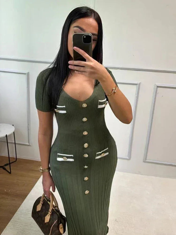 Maxi dress for women with buttons and V-neck