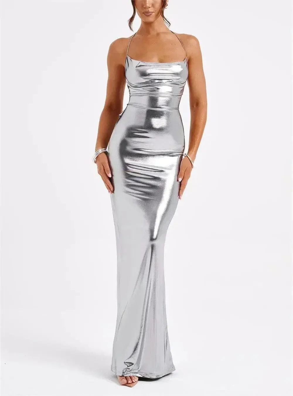 Maxi dress for women with straps and metallic effect