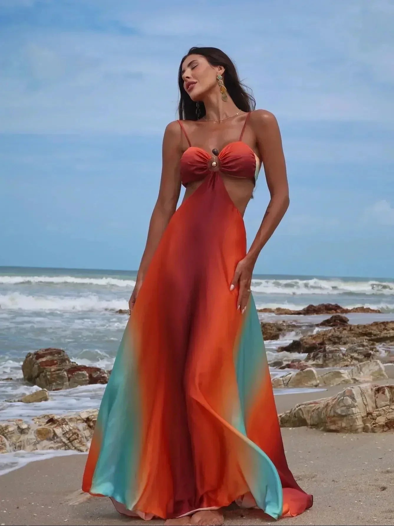 Maxi dress woman orange turquoise gradient with cut-outs