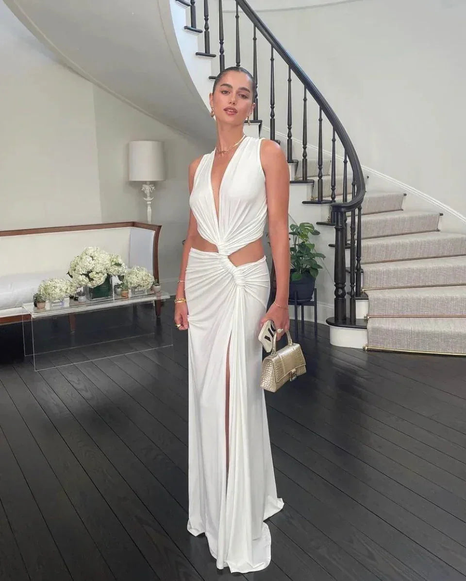Slit backless Maxi dress with V-neck and cutouts