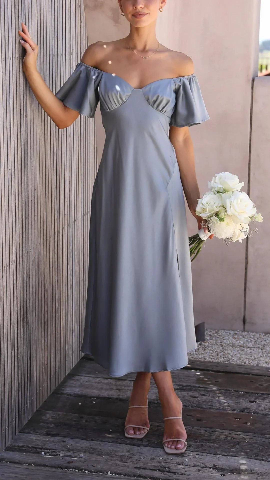 Satin slit Maxi dress with bare Shoulders
