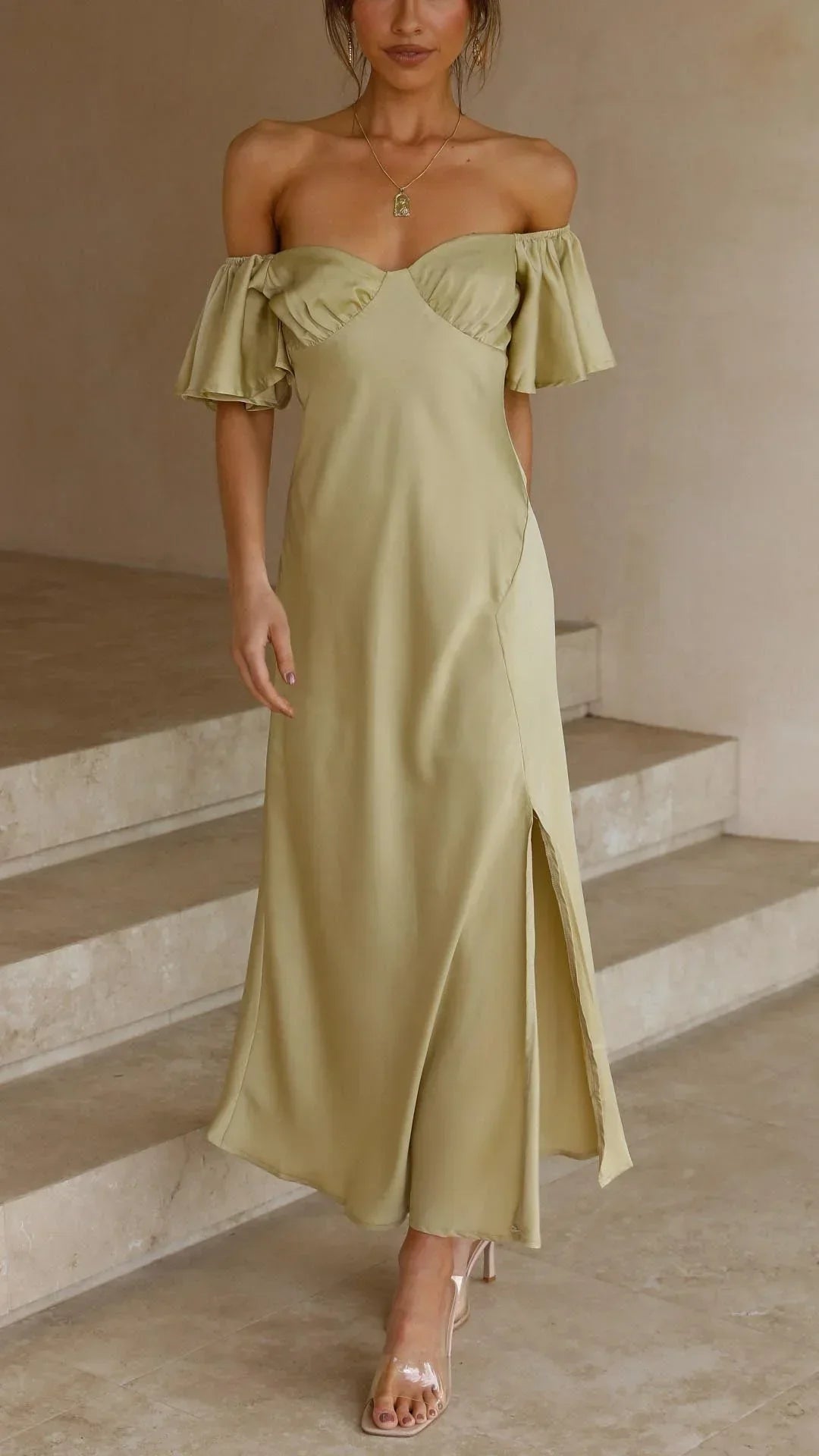Satin slit Maxi dress with bare Shoulders