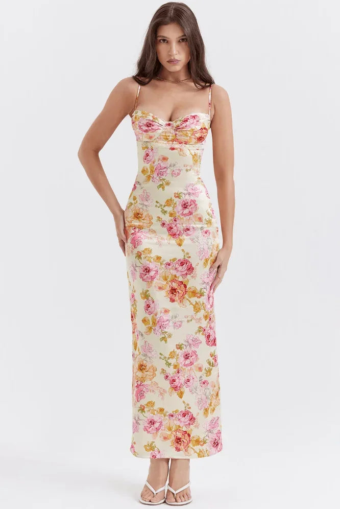 Women's Maxi dress with pastel flowers, thin straps and sweetheart neckline