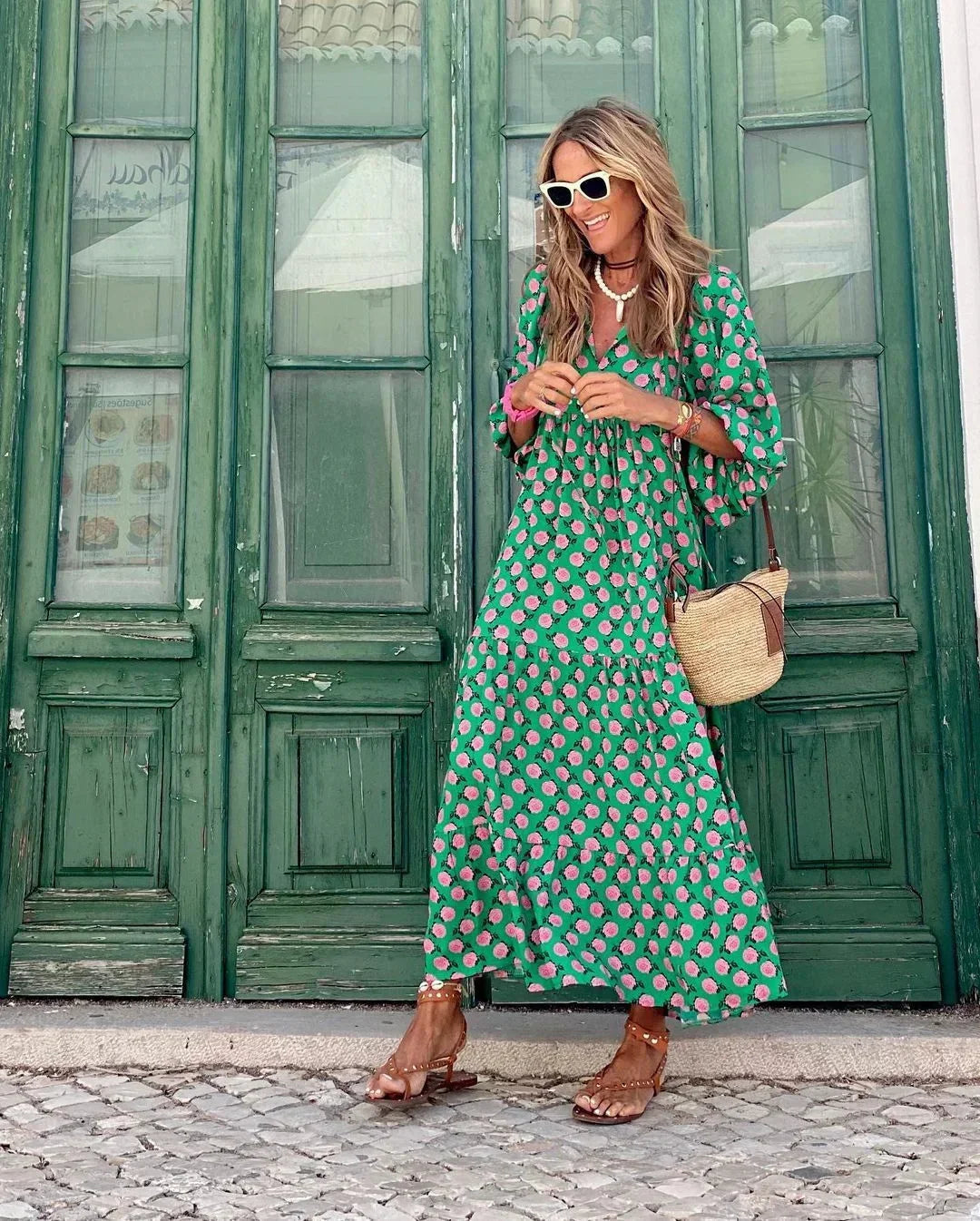 Women's Maxi dress with V-neck and long sleeves, summer